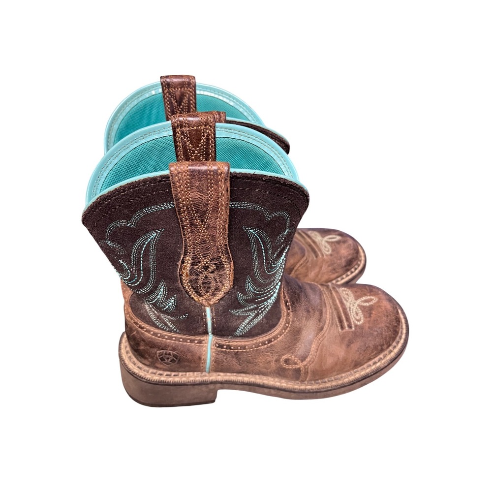 Ariat Fatbaby Western Cowboy Boots Brown Turquoise Stitching Pull On Size 7